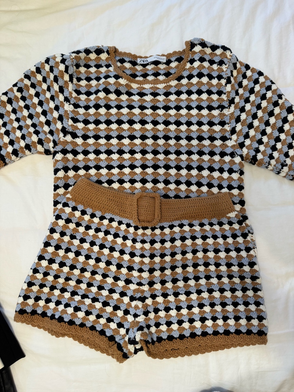 Zara Crochet Knit Set in Brown, Black & Cream